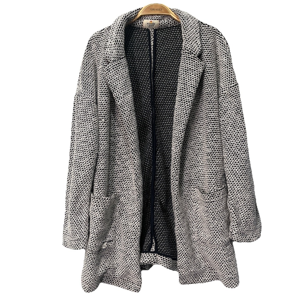 Marine Layer Cardigan‎ Women Medium Black White Textured Open Front Knit Sweater
